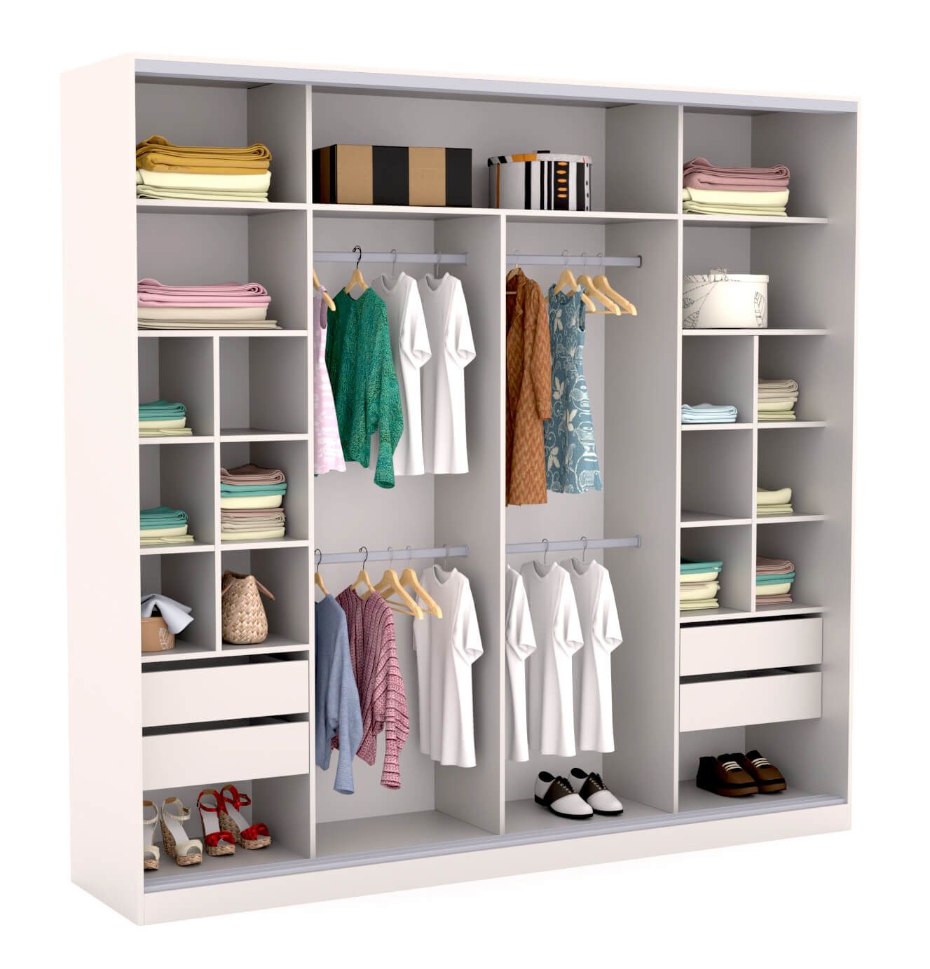 A large white wardrobe filled with clothes and shoes