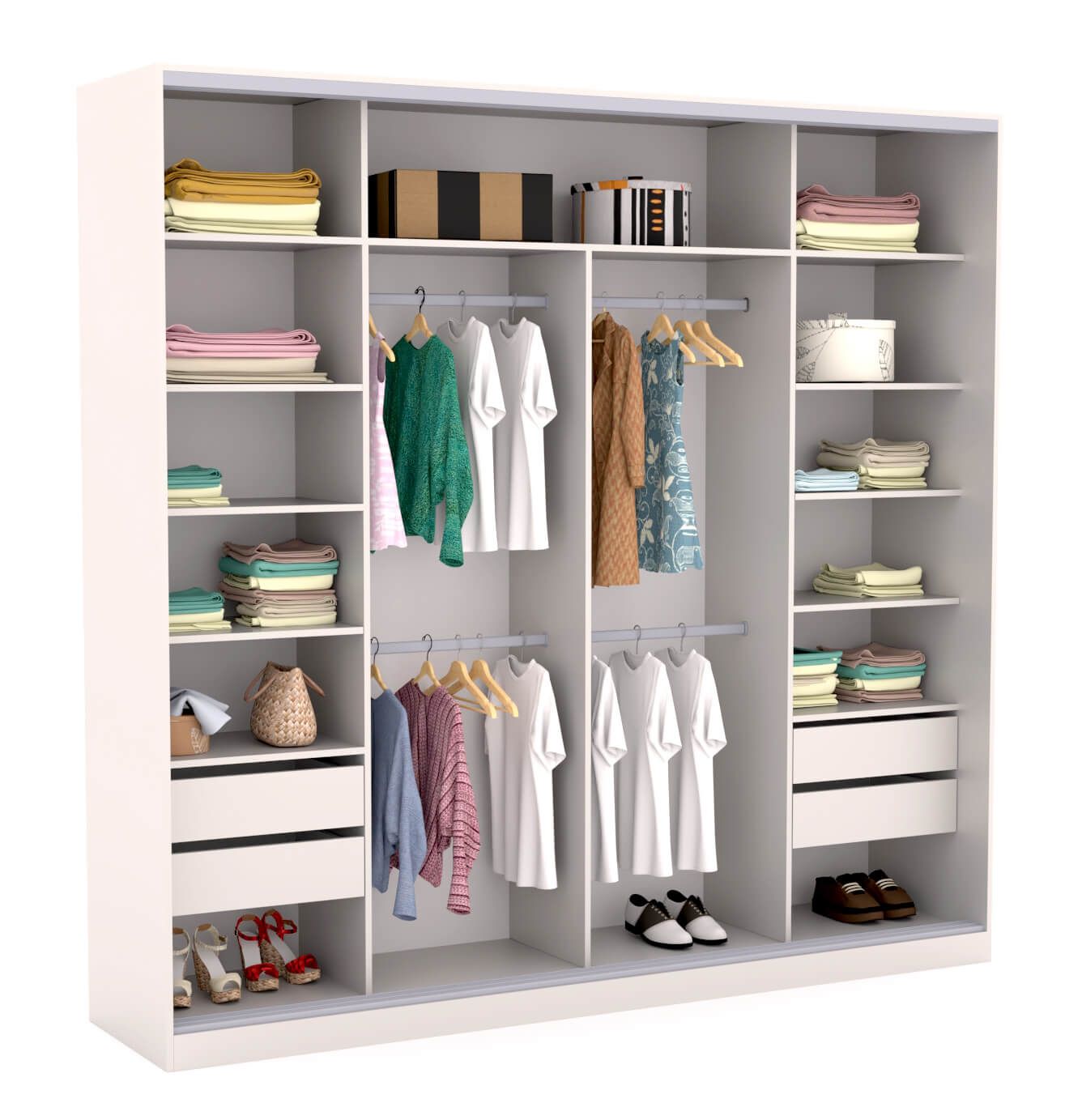 A white wardrobe filled with clothes and shoes on a white background.