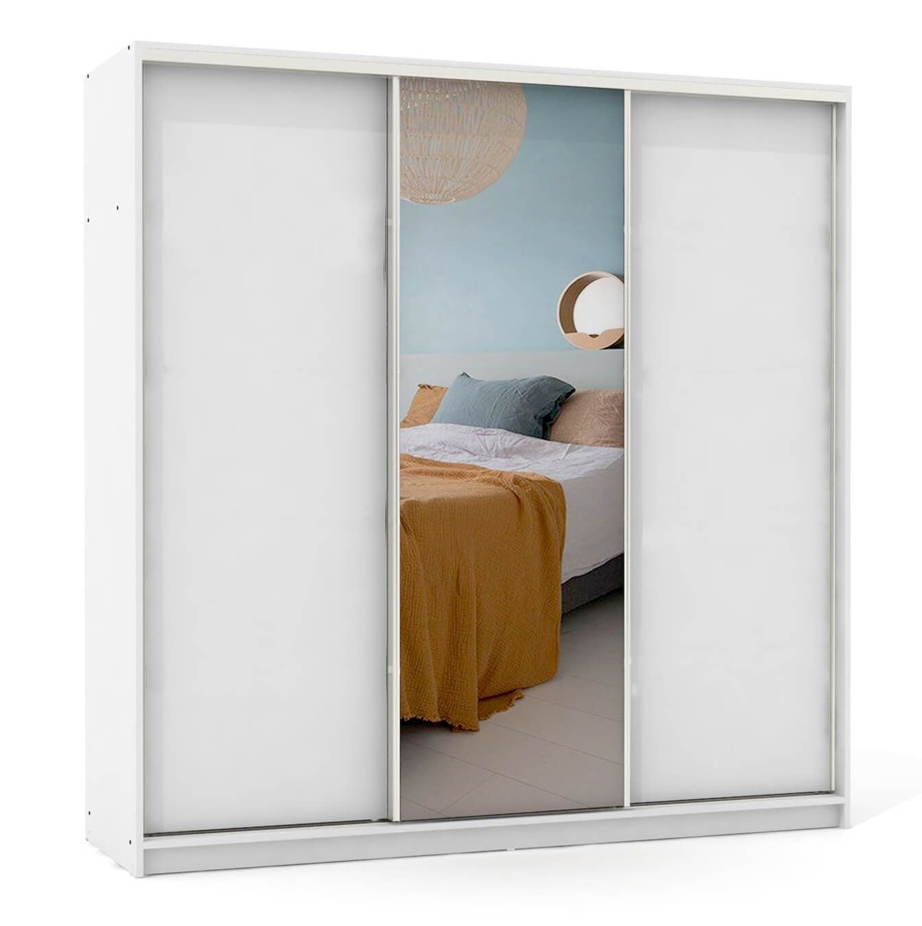 A white wardrobe with sliding doors and a mirror.