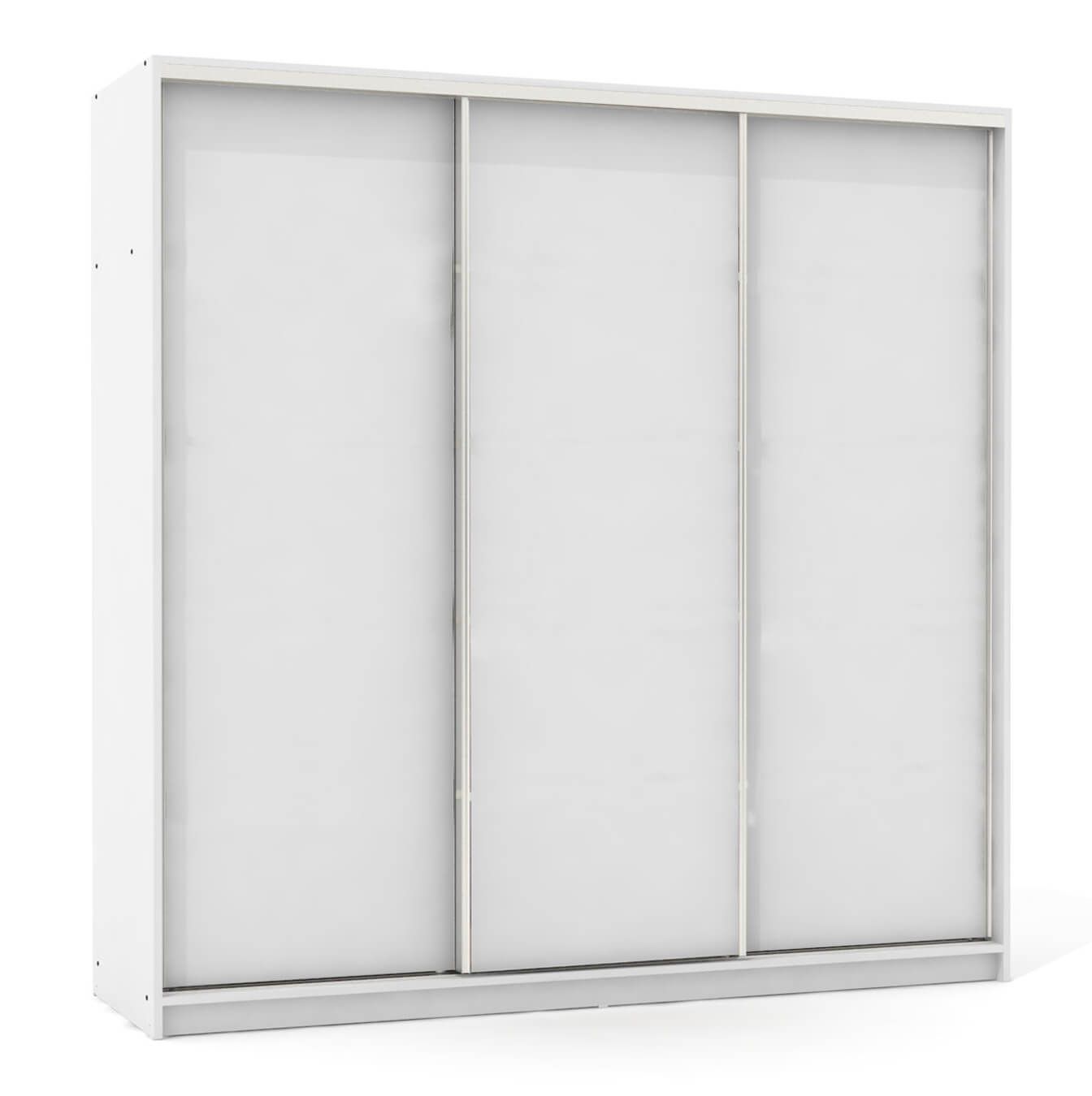 A white wardrobe with three sliding doors on a white background.