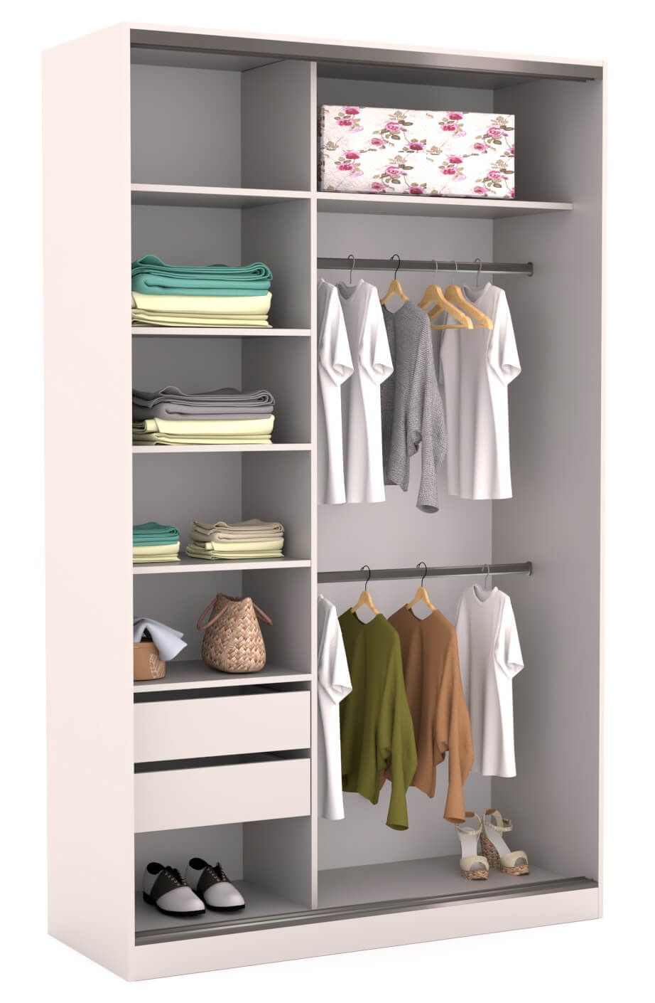 A white wardrobe filled with clothes and shoes on a white background.