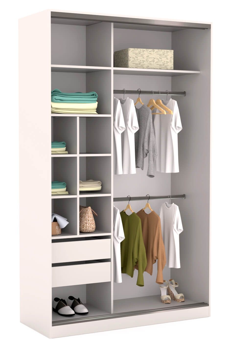 A white wardrobe filled with clothes and shoes on a white background.