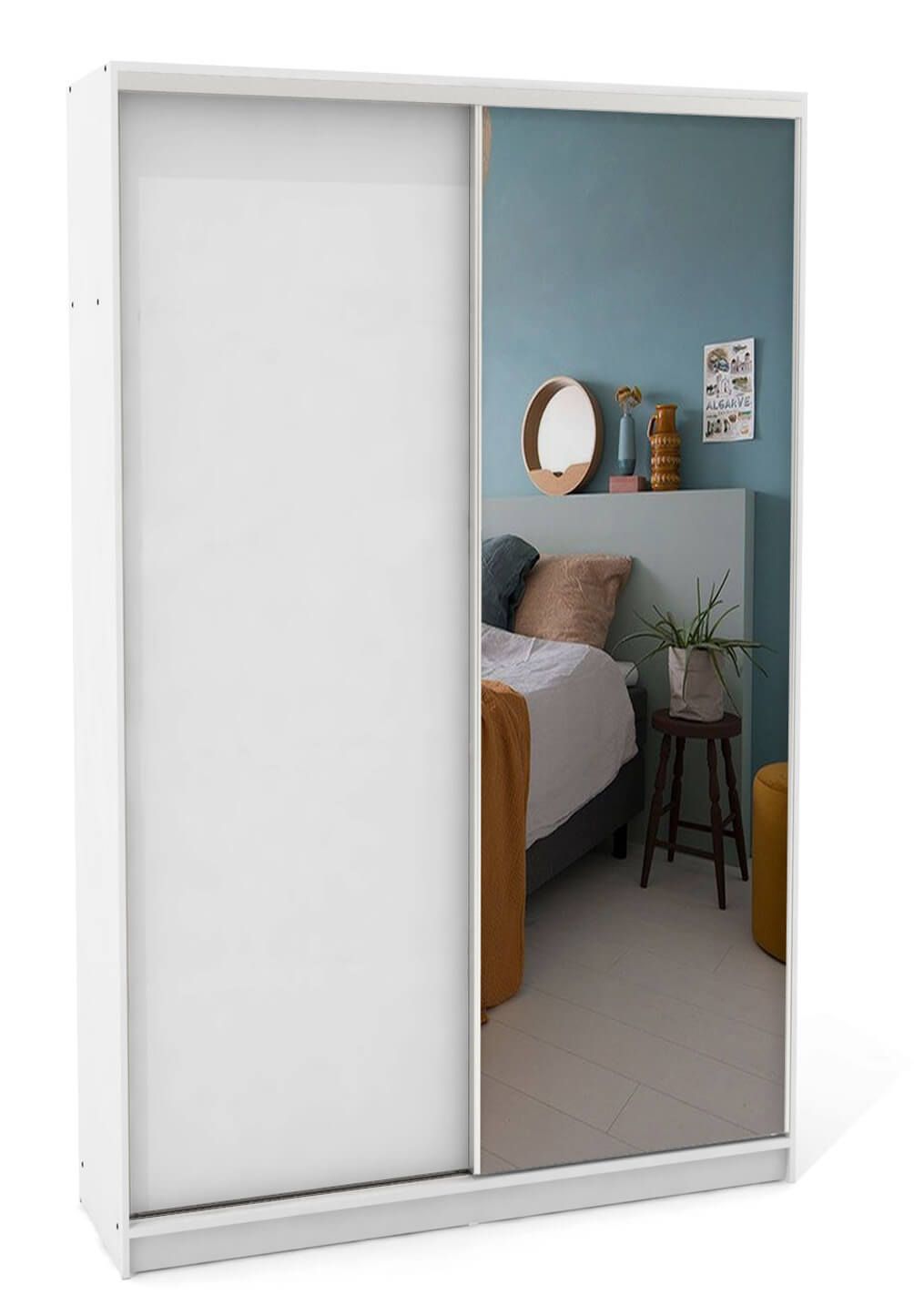 A white wardrobe with sliding doors and a mirror in a bedroom.