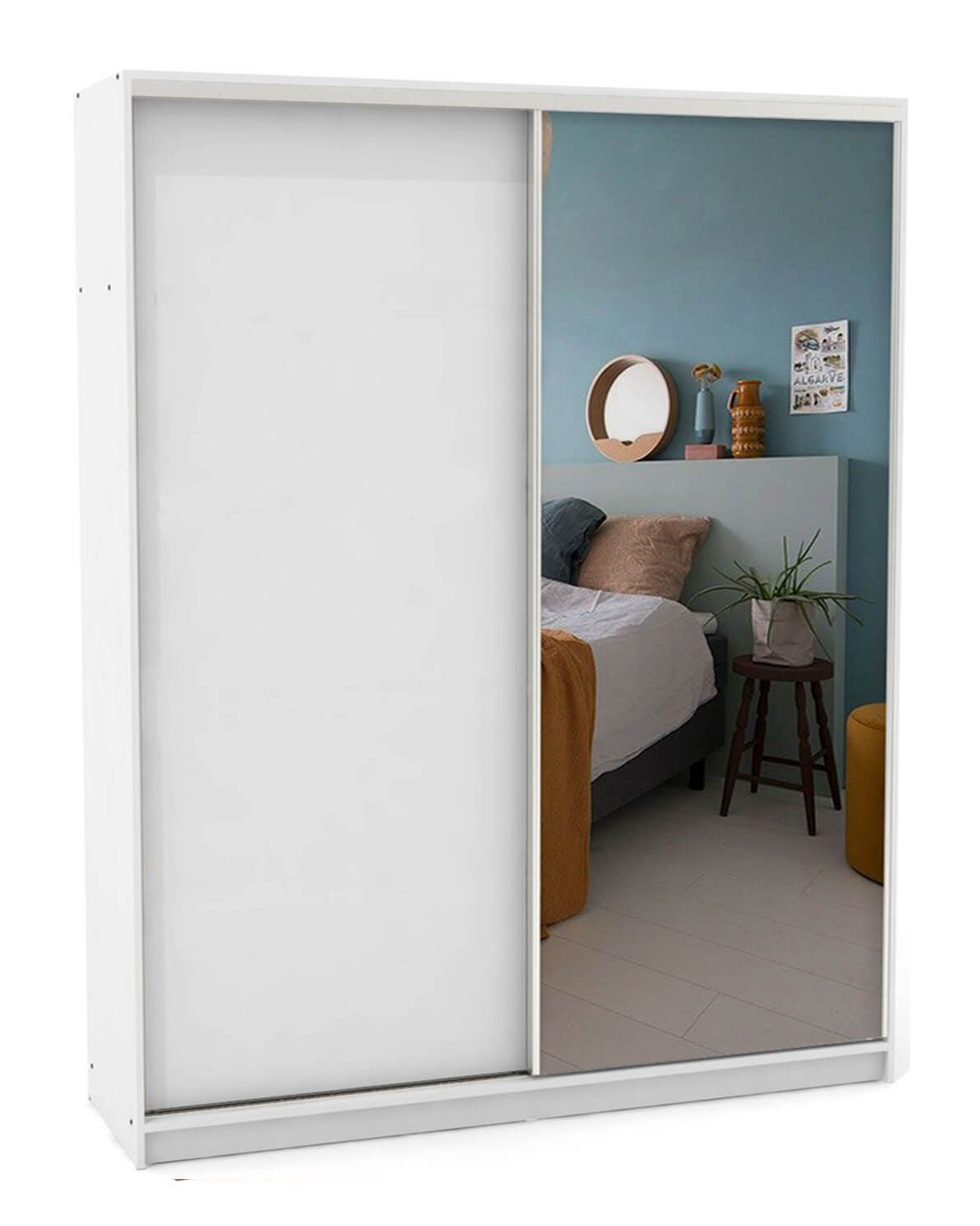 A white wardrobe with sliding doors and a mirror in a bedroom.