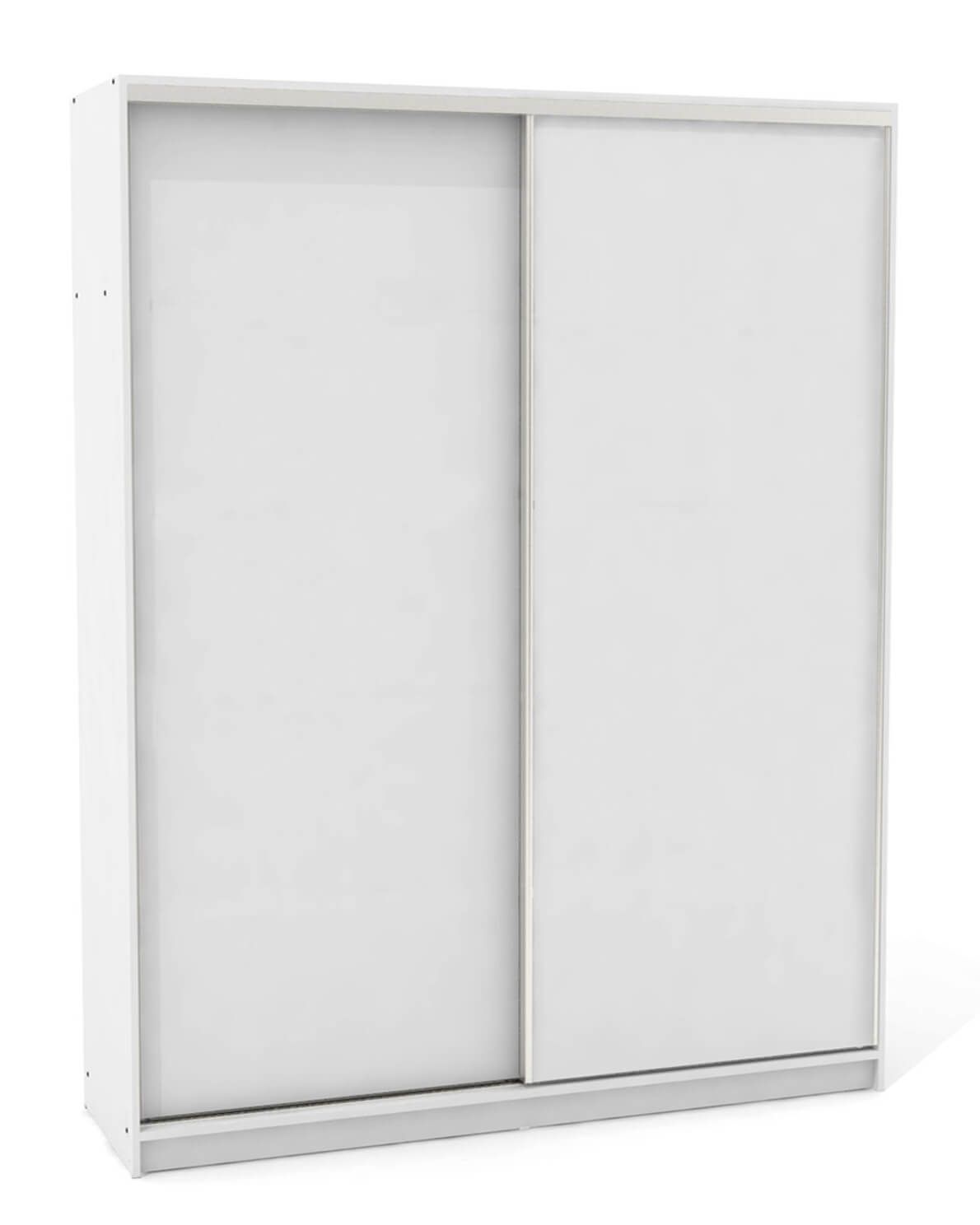 A white wardrobe with sliding doors on a white background.