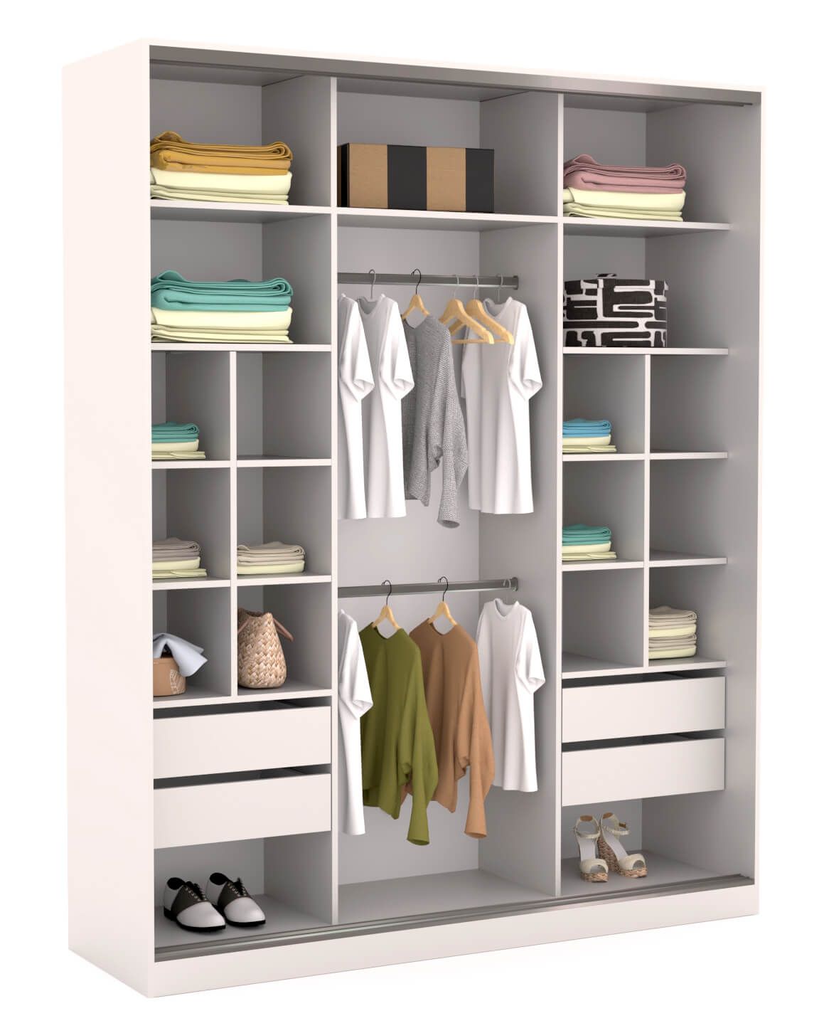 A white wardrobe filled with clothes and shoes