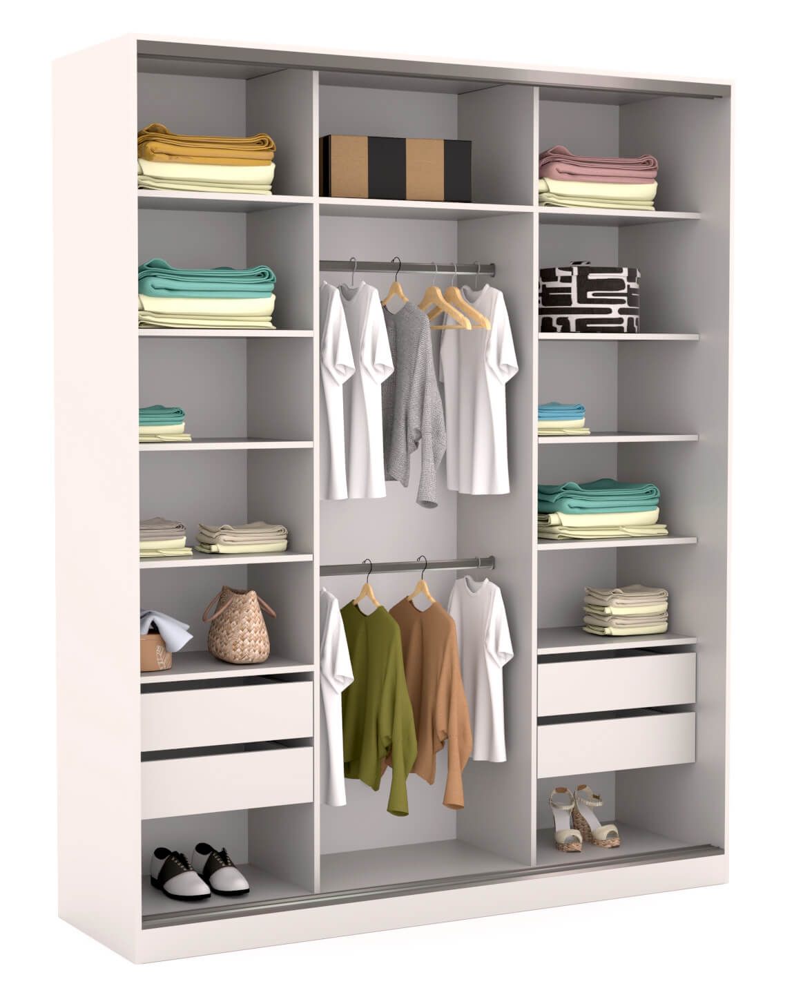 A white wardrobe filled with clothes and shoes