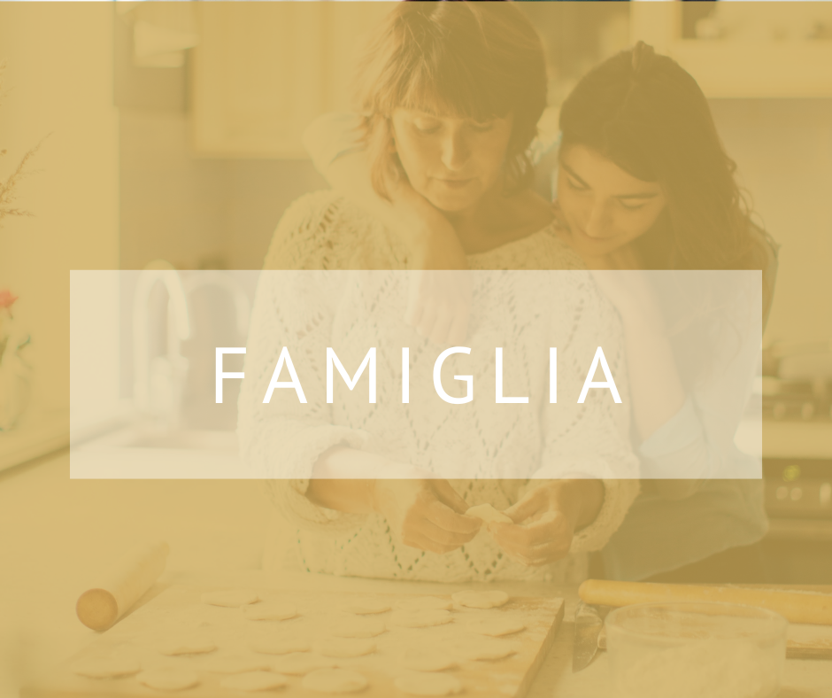 La parola famiglia è scritta in nero su sfondo beige.