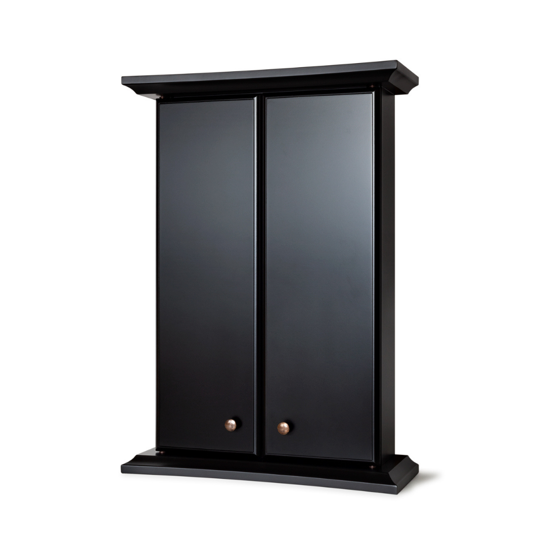 Un mobile nero con due ante su uno sfondo bianco