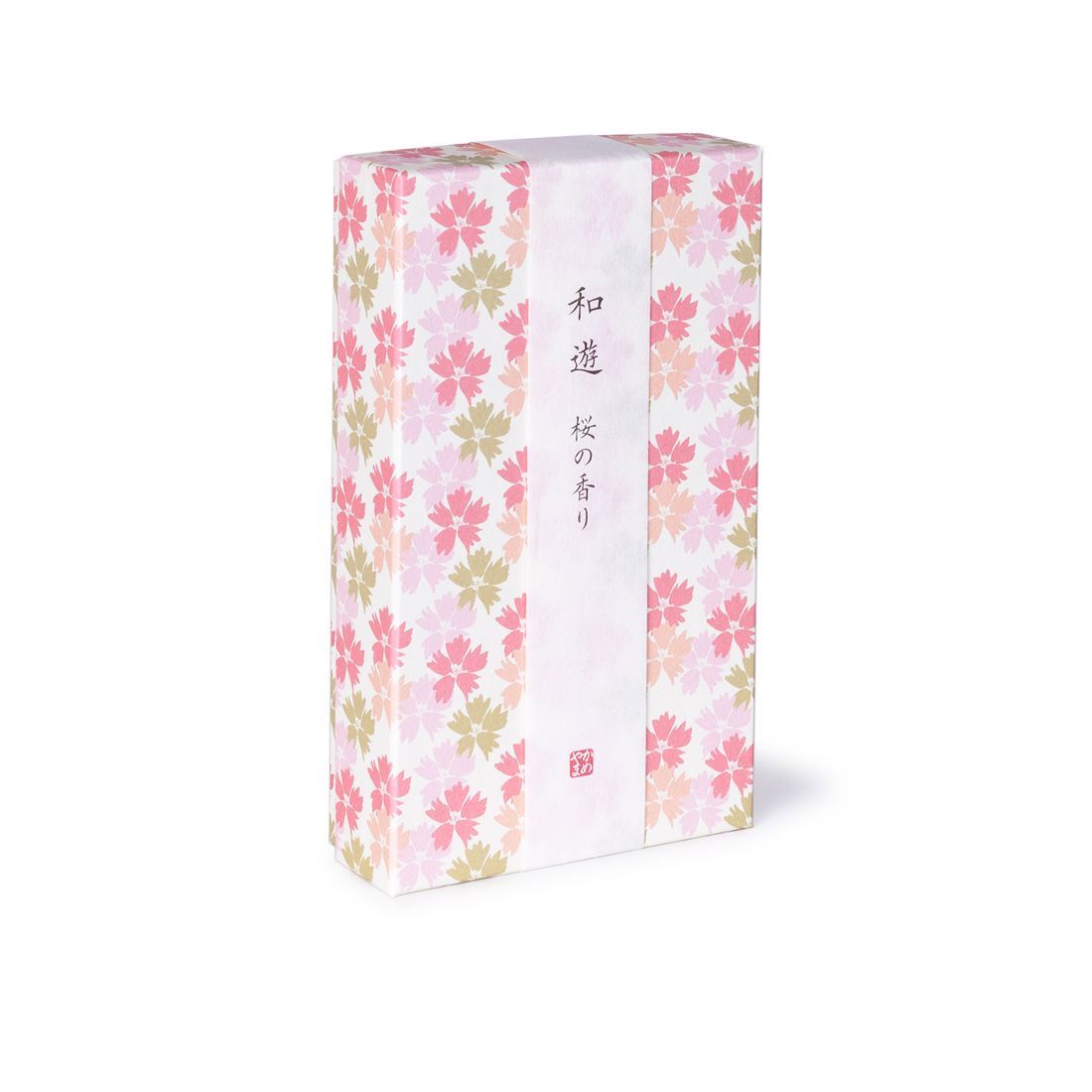 Una scatola rosa e verde con dei fiori su uno sfondo bianco.