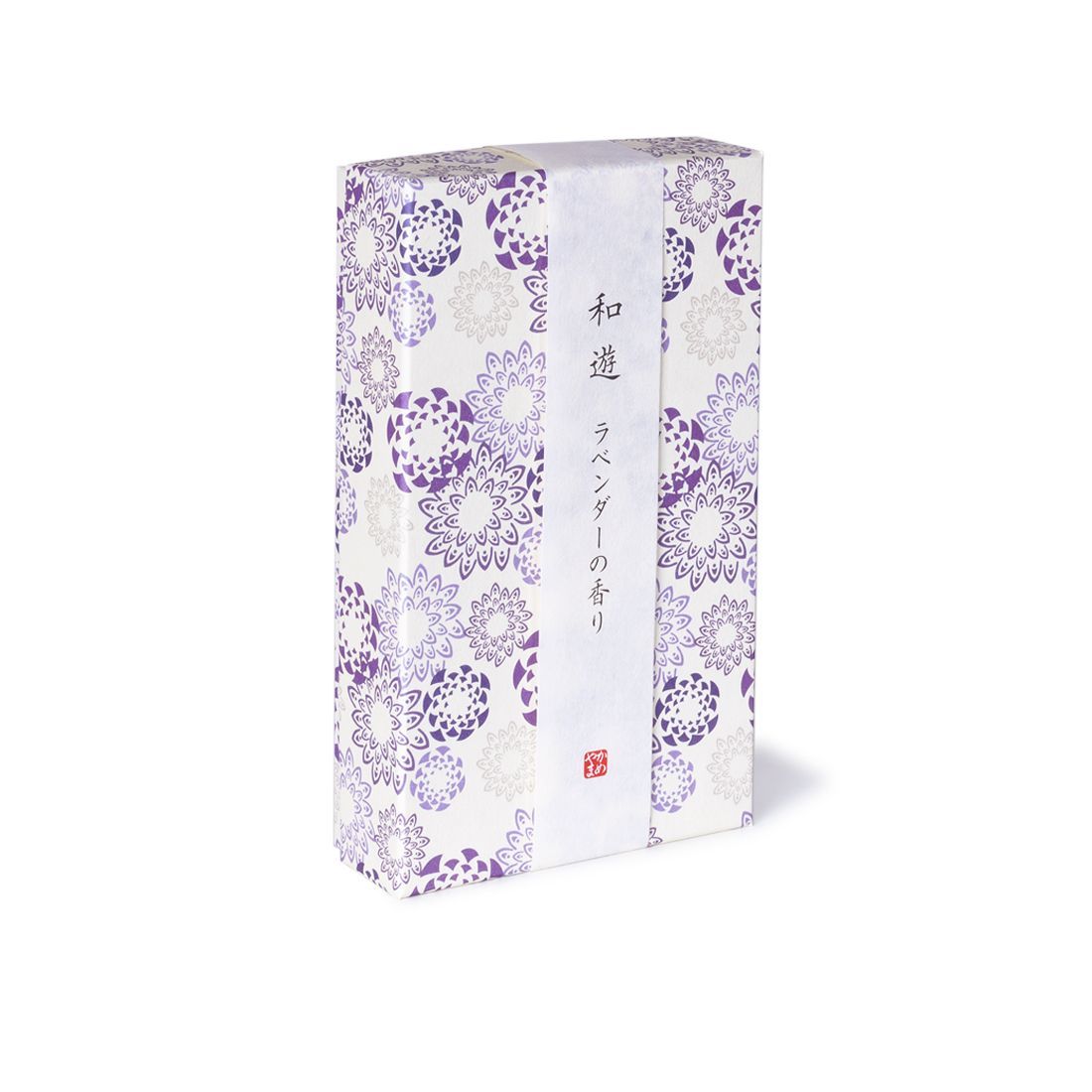 Una scatola viola e bianca con un motivo floreale.