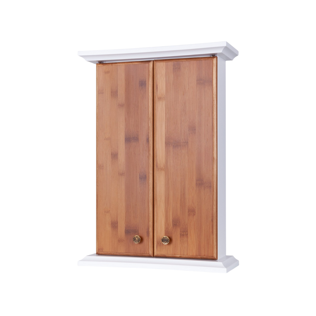 Un mobiletto in legno con due ante e rifiniture bianche su sfondo bianco.