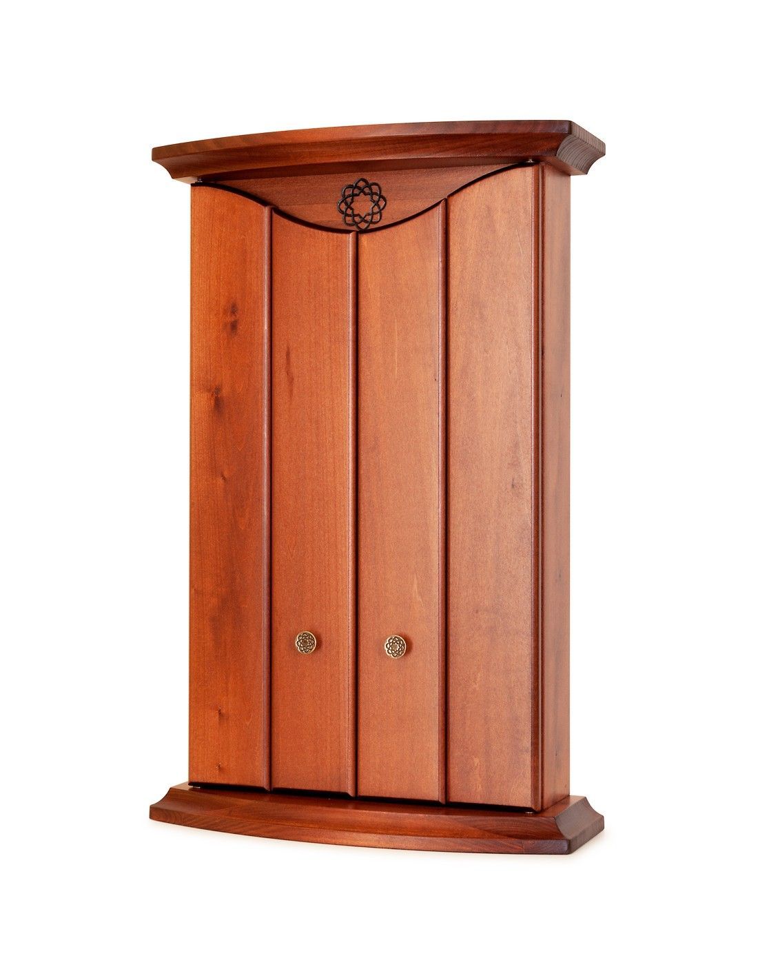 Un mobiletto di legno con una corona sopra