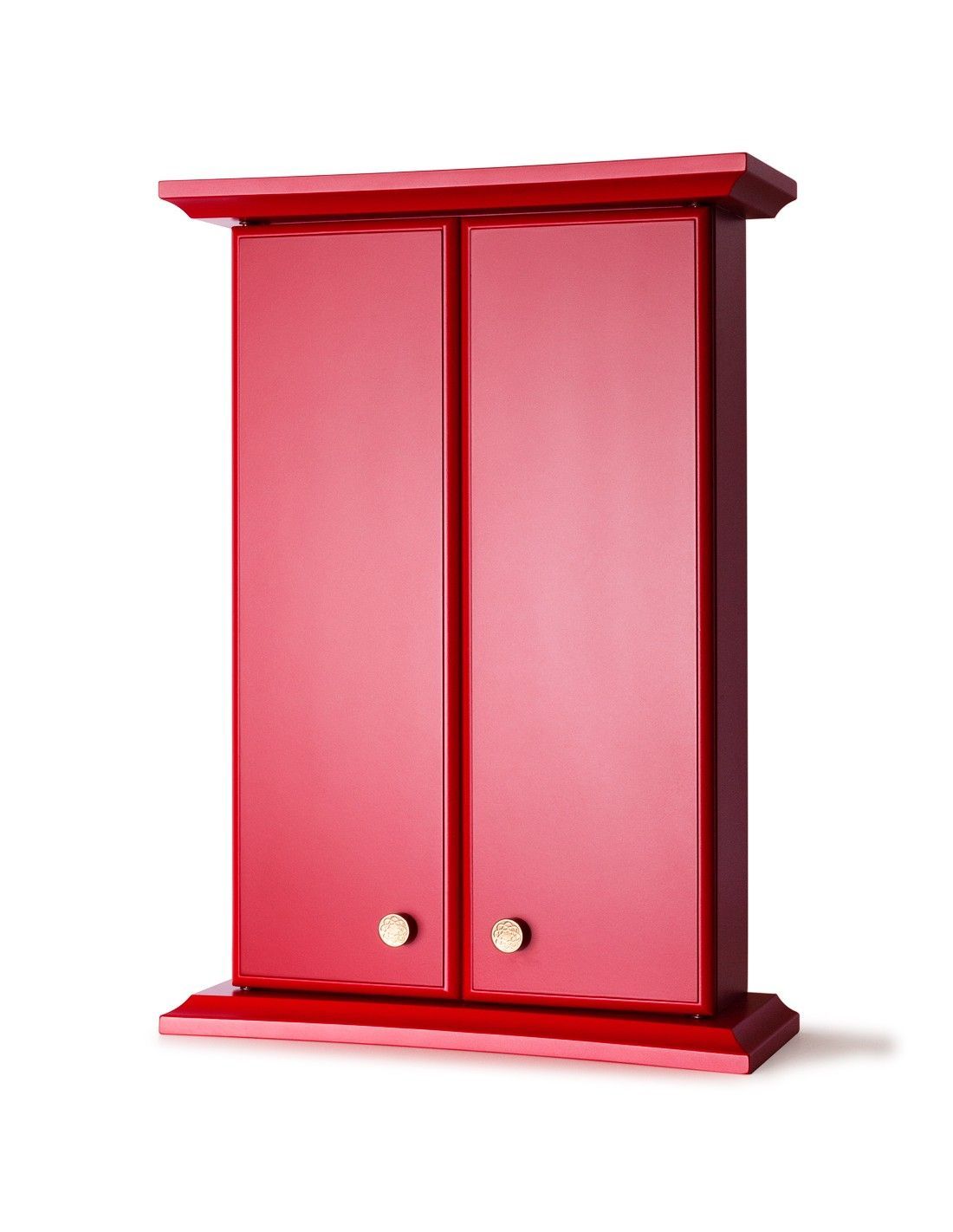 Un mobile rosso con due ante su uno sfondo bianco