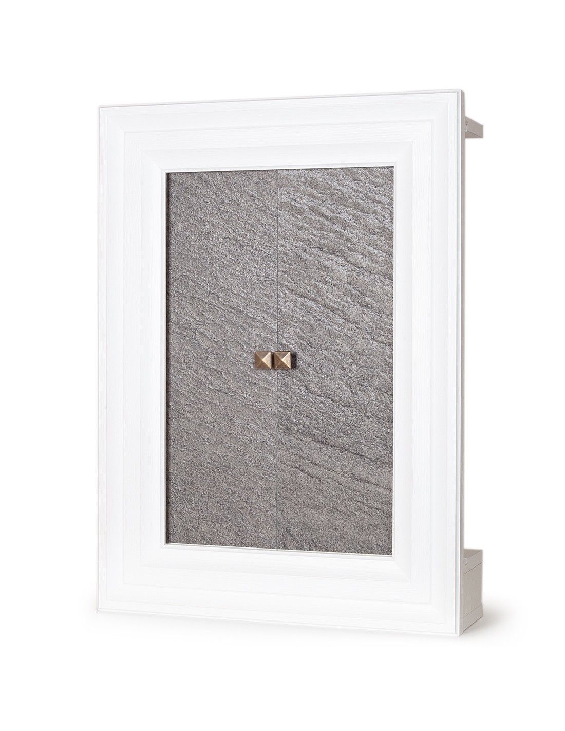Una cornice bianca con una tavola grigia all'interno.
