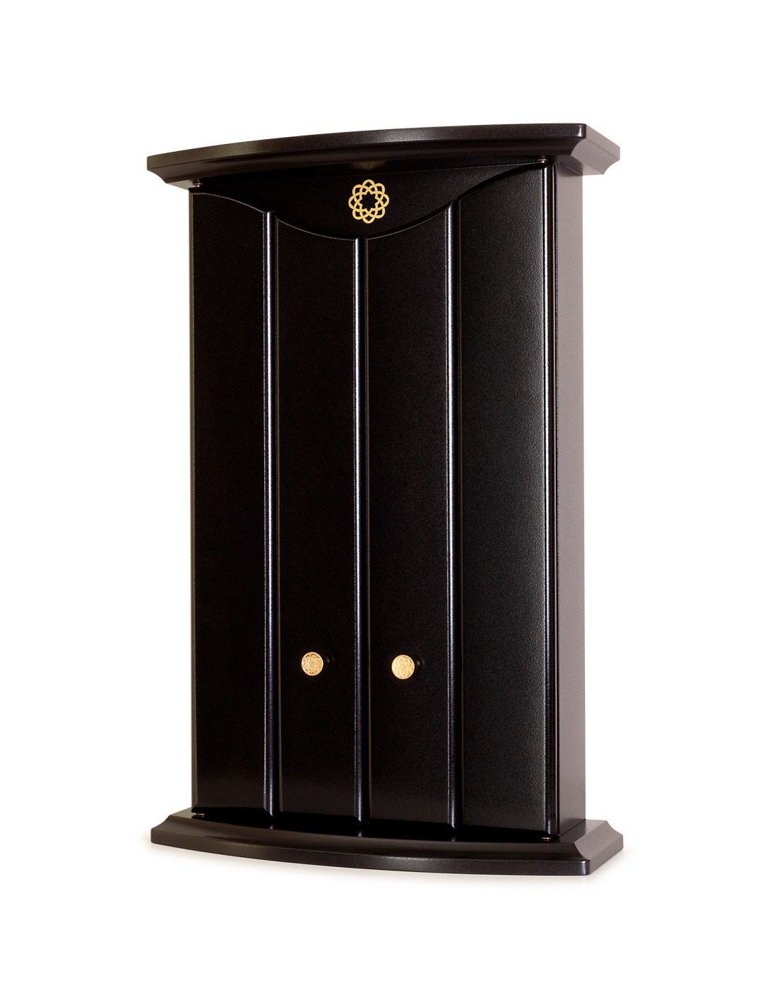 Un mobiletto nero con maniglie dorate su sfondo bianco.