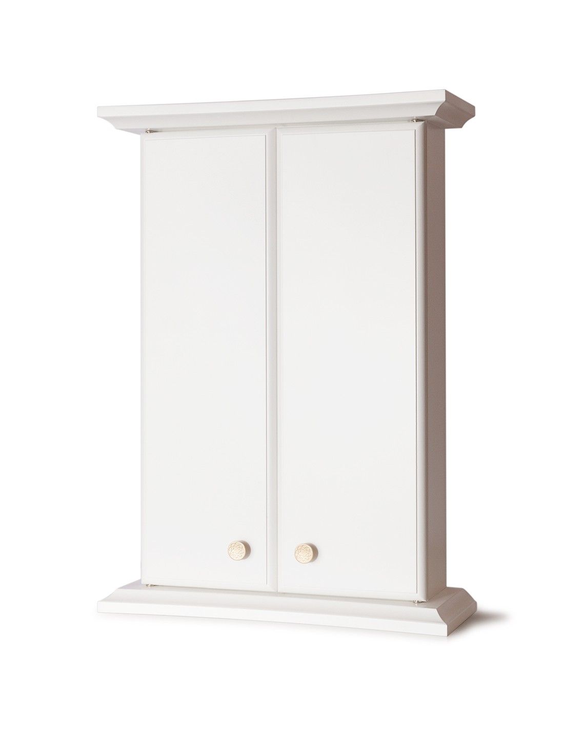 Un mobile bianco con due ante su uno sfondo bianco.