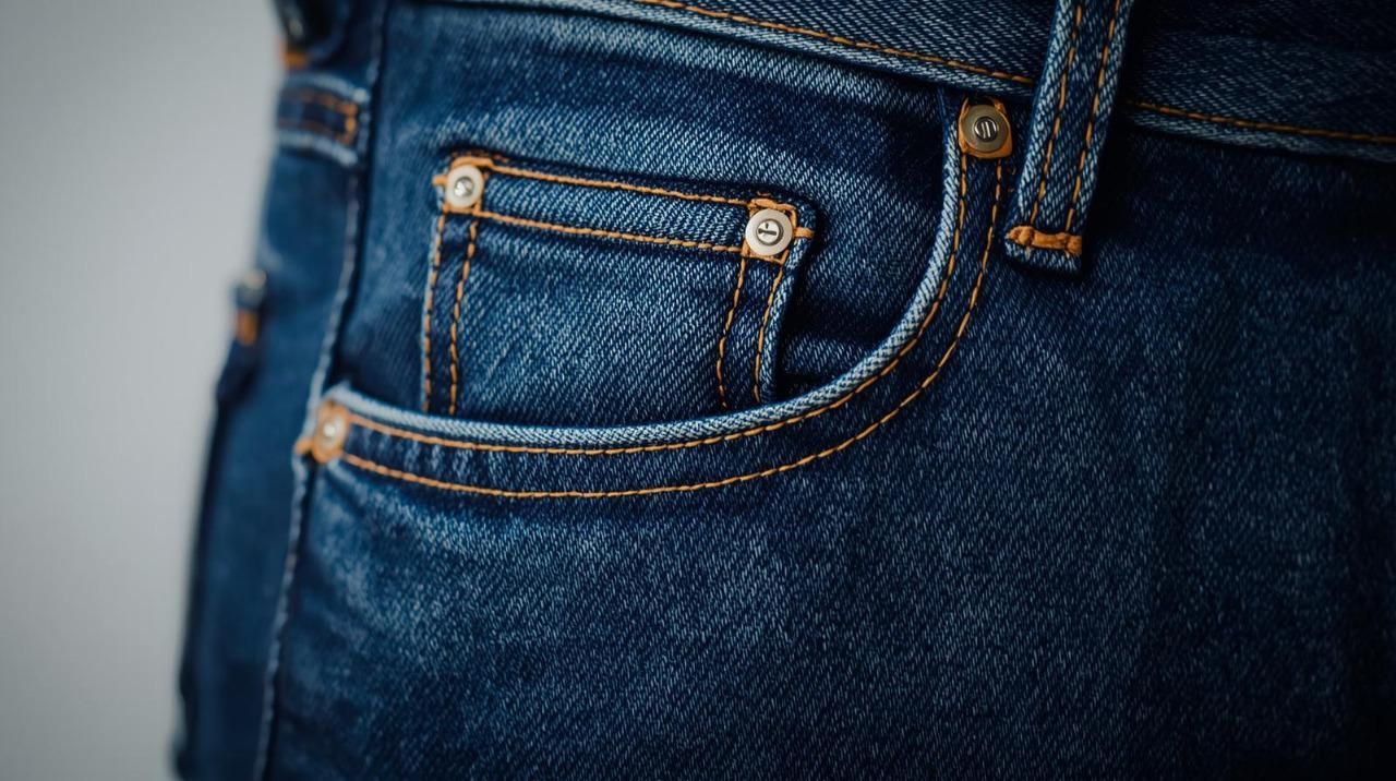 Primer plano de unos vaqueros de mezclilla azul oscuro con un pequeño bolsillo y remaches.