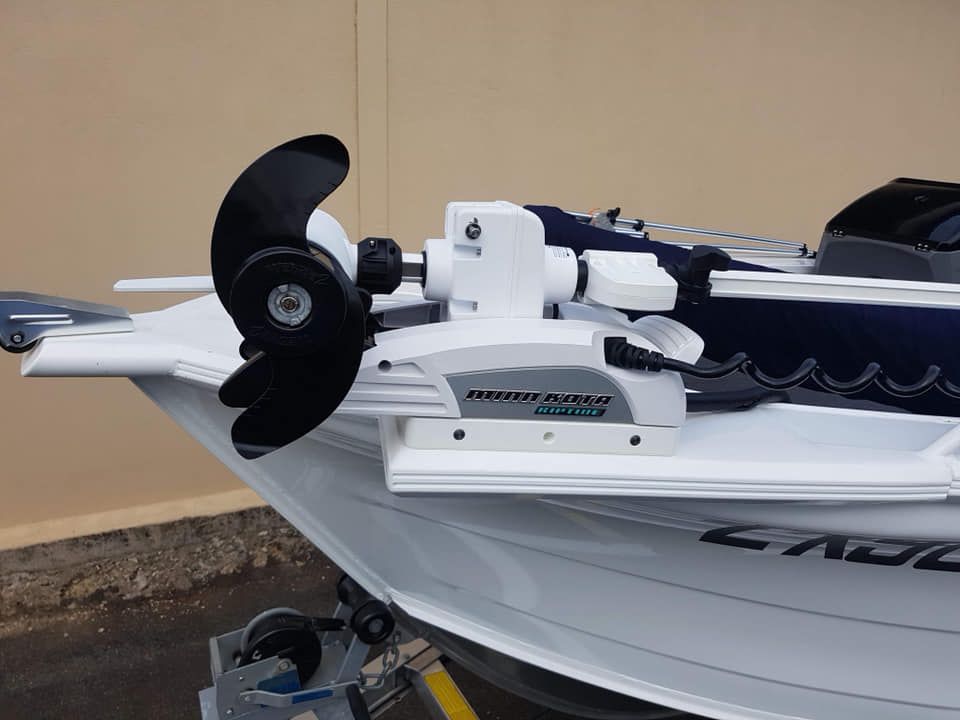 White Boat with A White Trolling Motor Attached to The Bow, Black Propeller — HiTune Marine In Innisfail, QLD 