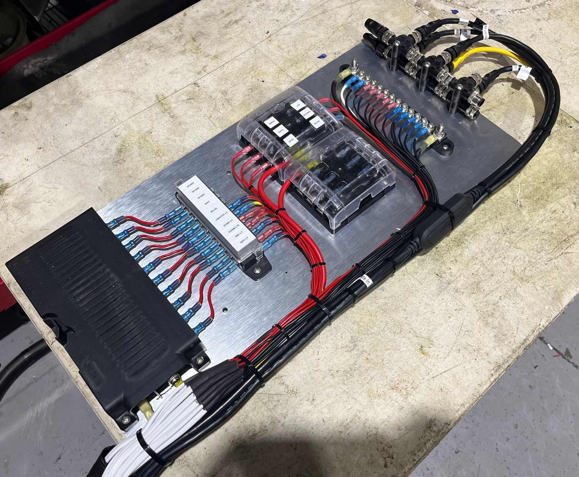 Electrical Wiring Panel with Fuses, Relays, and Connectors on A Metal Plate — HiTune Marine In Mareeba, QLD