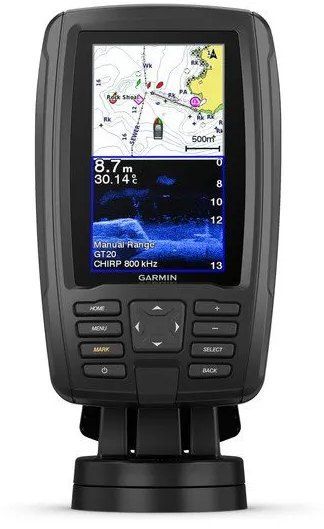 Fish Finder Showing a Map and Sonar Data on A Display, Mounted on A Black Stand — HiTune Marine In Mareeba, QLD