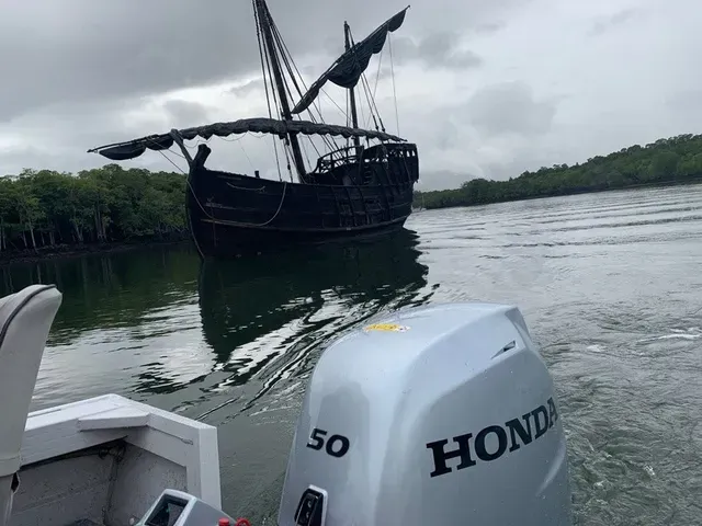 Black Replica Ship on Water, Seen from A Small Motorboat — HiTune Marine In Bentley Park, QLD 