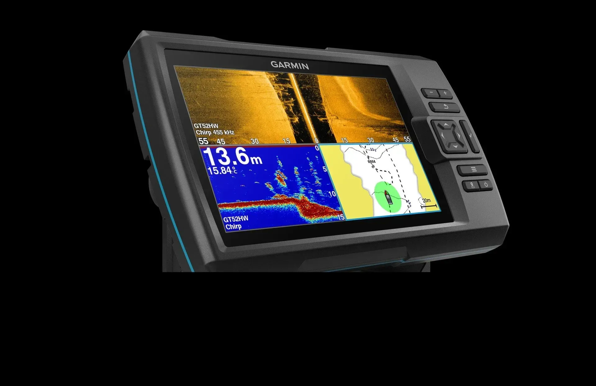 Garmin Fish Finder Displaying Sonar and Gps Data, Mounted on A Bracket, Black Background — HiTune Marine In Bentley Park, QLD 