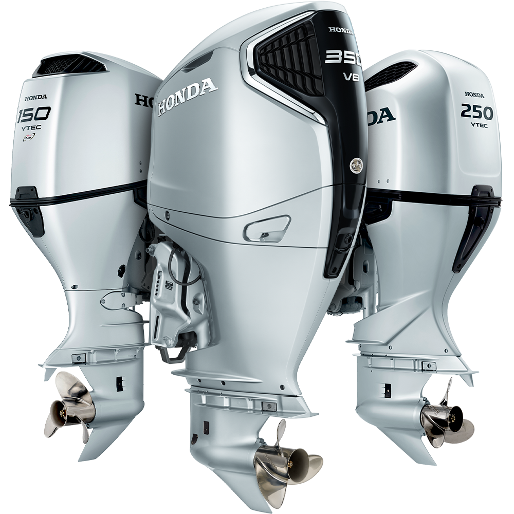 Three Silver Honda Outboard Boat Motors, One 350 Vtec and Two 250s, Isolated on White Background — HiTune Marine In Bentley Park, QLD 