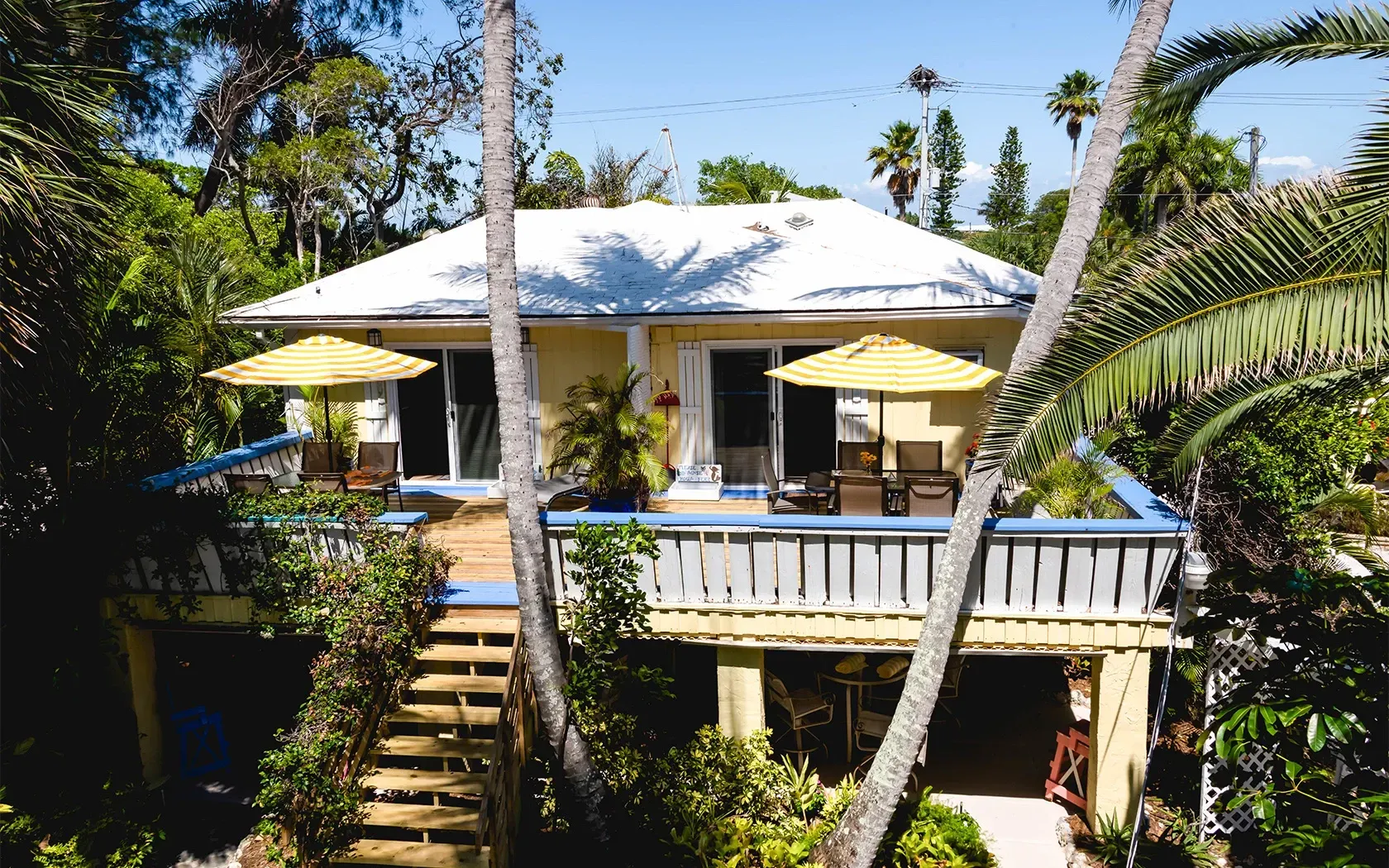 An aerial view of a house surrounded by palm trees