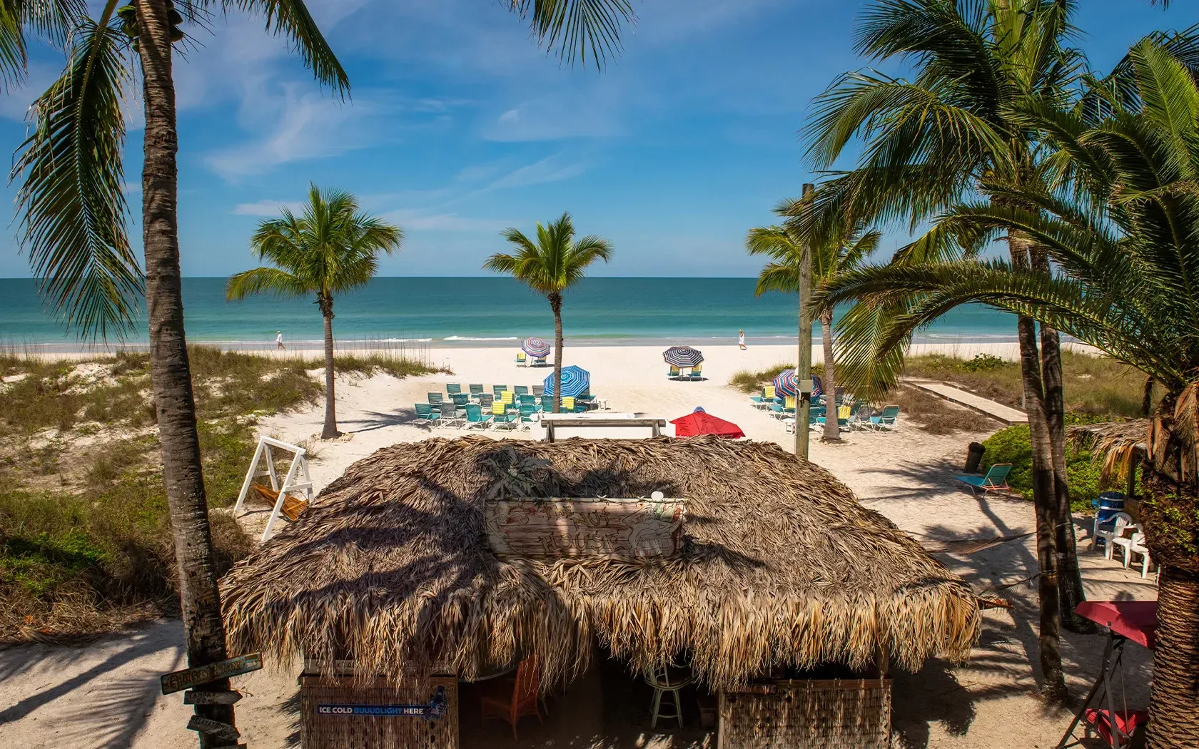 An aerial view of a thatched hut on a beach surrounded by palm trees.