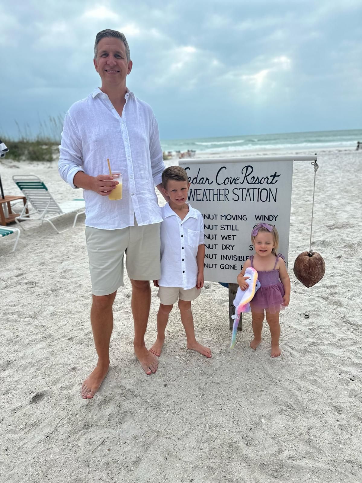 A man and two children are standing on a beach next to a sign.