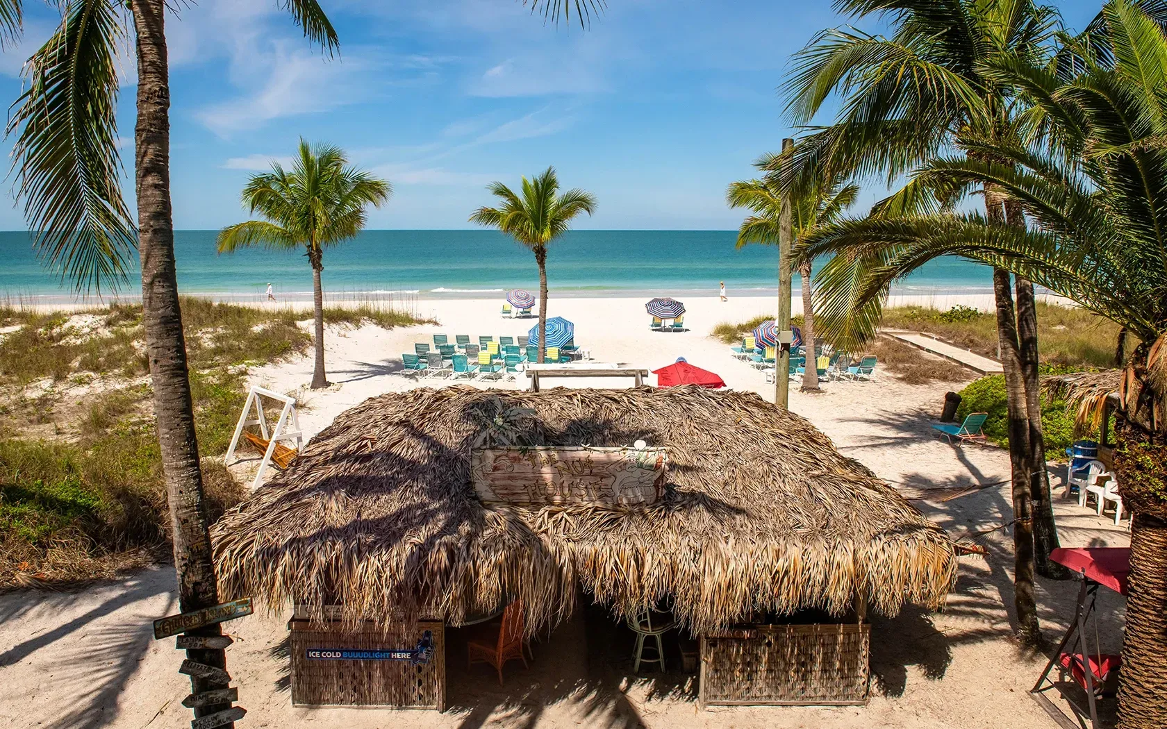 An aerial view of a thatched hut on a beach surrounded by palm trees.