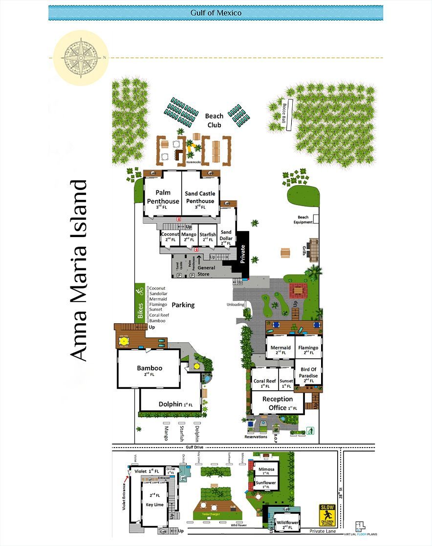 A map of anna maria island with a lot of buildings and trees