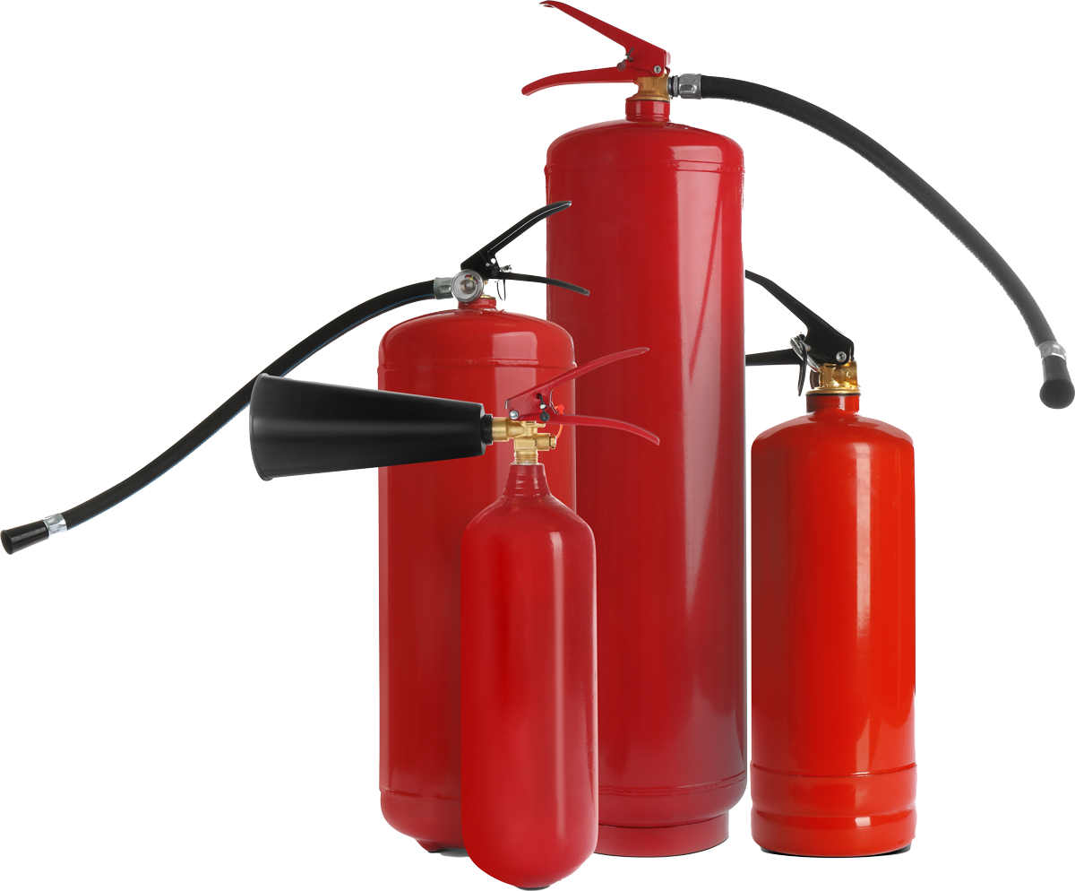 Red fire extinguishers of various sizes, with black hoses and nozzles, arranged together. Red fire extinguishers of various sizes, with black hoses and nozzles, arranged together.