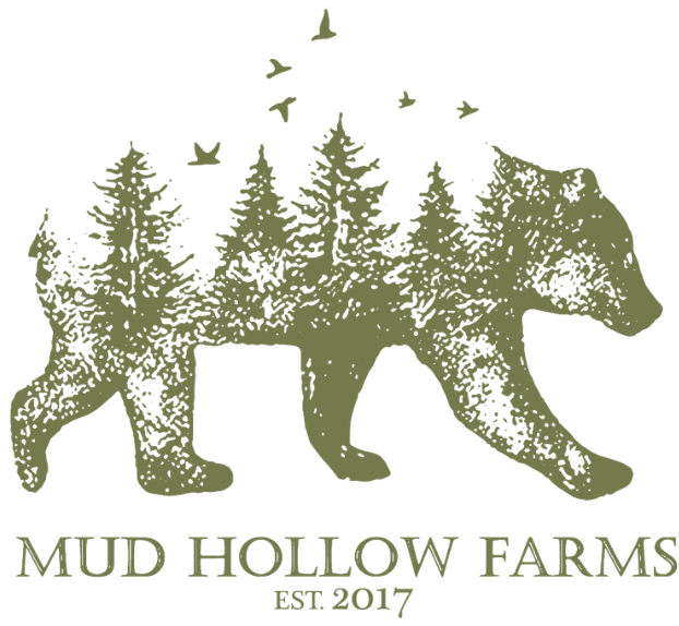 Mud Hollow Farm Logo - Contact Page - Bear silhouette w/ trees 7. birds flying the background