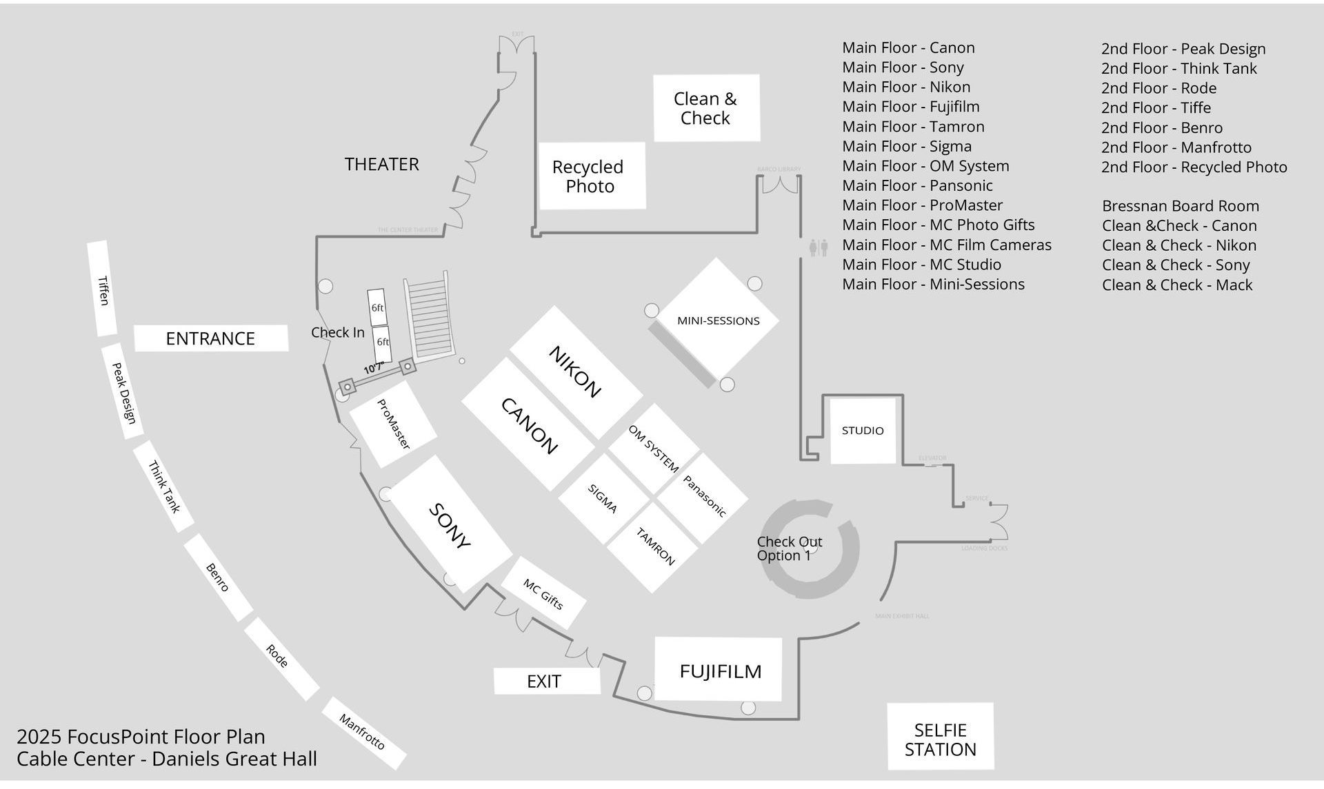 Map of a garden with buildings, a theater, and paths. Black and white with a legend.