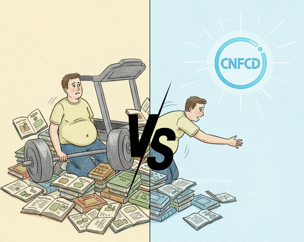 【CNFCD健康計畫 Day 15】有知識、有證照，為何也瘦不下來？揭秘專業人士的「代謝困境」-在我們的 CNFCD 社群中，有許多資深教練、健康管理師，他們擁有最高的專業證照，深知飲食和運動的原理，但他們卻也面臨體重與內臟脂肪失控的窘境。為什麼會這樣？