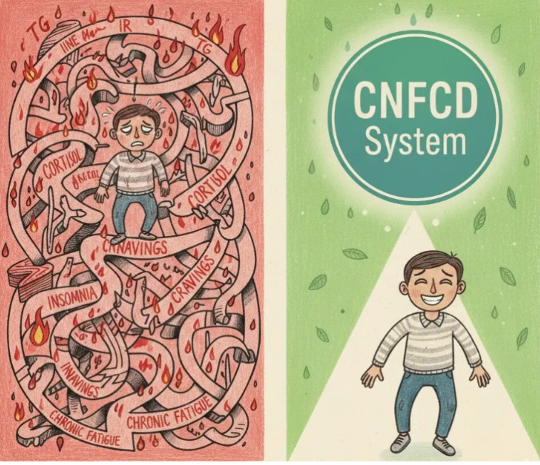 【CNFCD健康計畫 Day 20】你的健康，為什麼總是「瞎忙」？從單點努力到系統重設-CNFCD 計畫專業觀點： CNFCD 系統正是你的「代謝總體解決方案」。它將 Day 1-19 的所有知識（從荷爾蒙到腸道、從睡眠到食物決策）整合為一套簡單、高效的執行哲學，徹底打破你「越忙越胖」的循環。