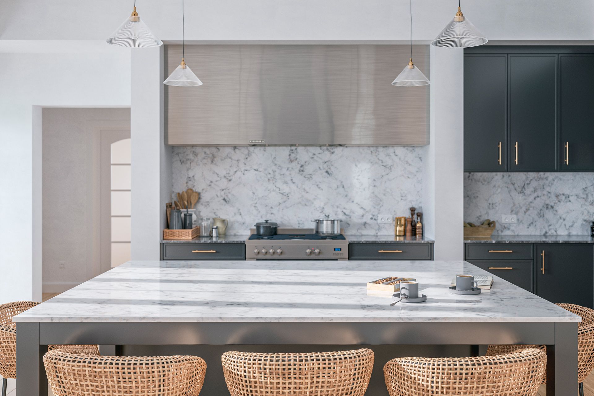 A kitchen with a large island , stools and a stove.