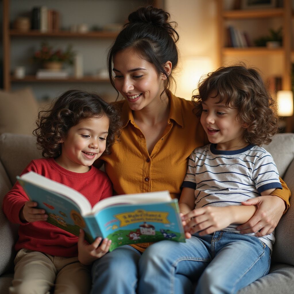 Woman reading a book with two children on a couch. They are smiling, indoors, warm lighting.