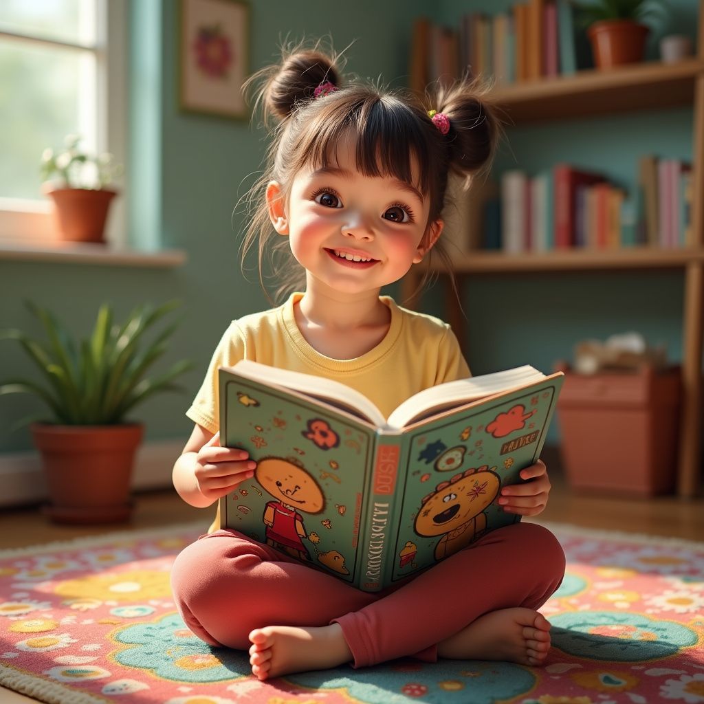 Girl with buns smiles while reading a colorful book, sitting cross-legged on a rug in a room with books.