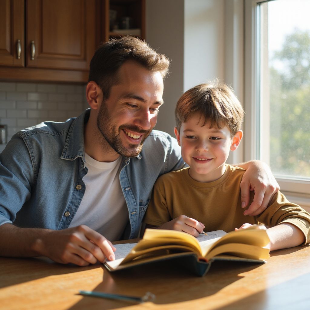 Man and child smiling while reading a book at a table near a window. Sunlight streams in.