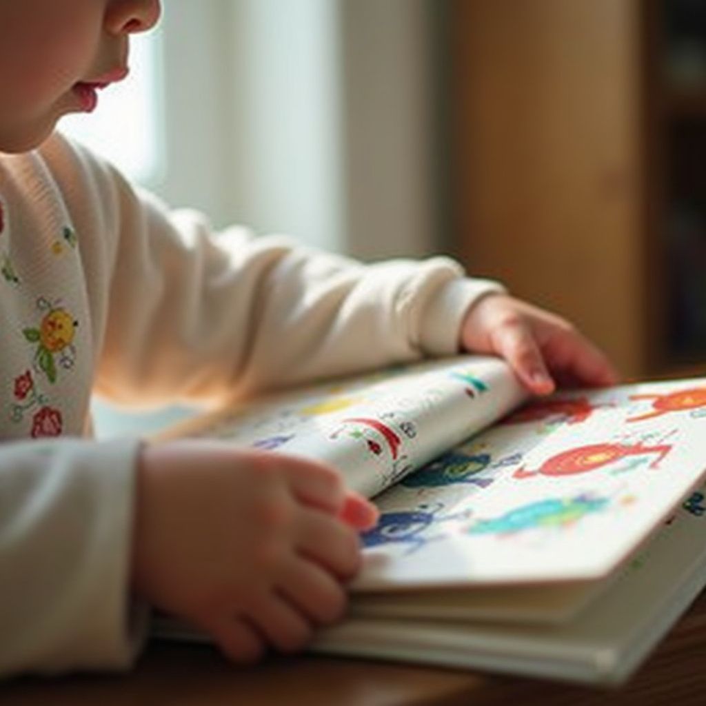 Child looking at an open book with colorful illustrations.