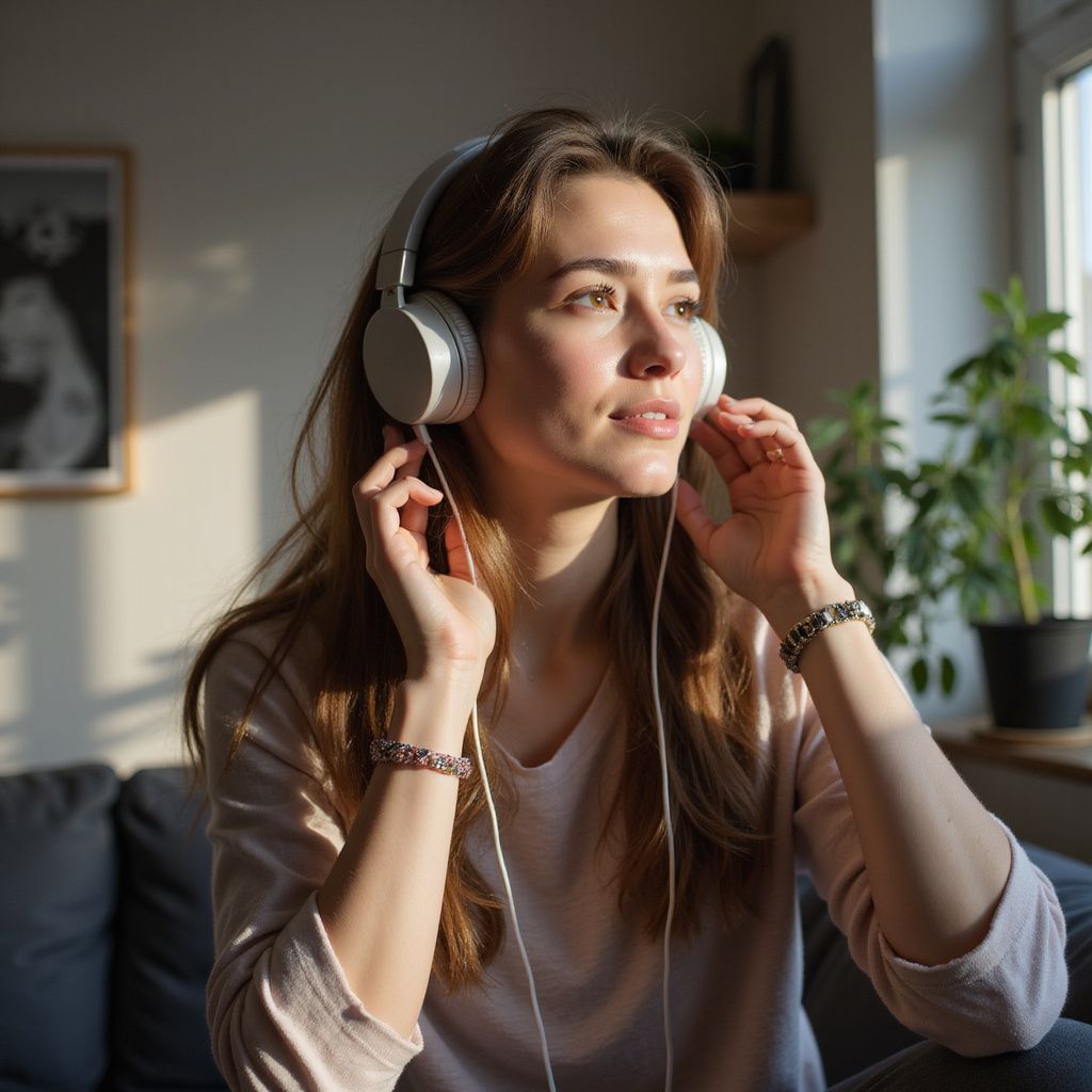 Woman wearing white headphones, listening, looking up, indoors, sunny.
