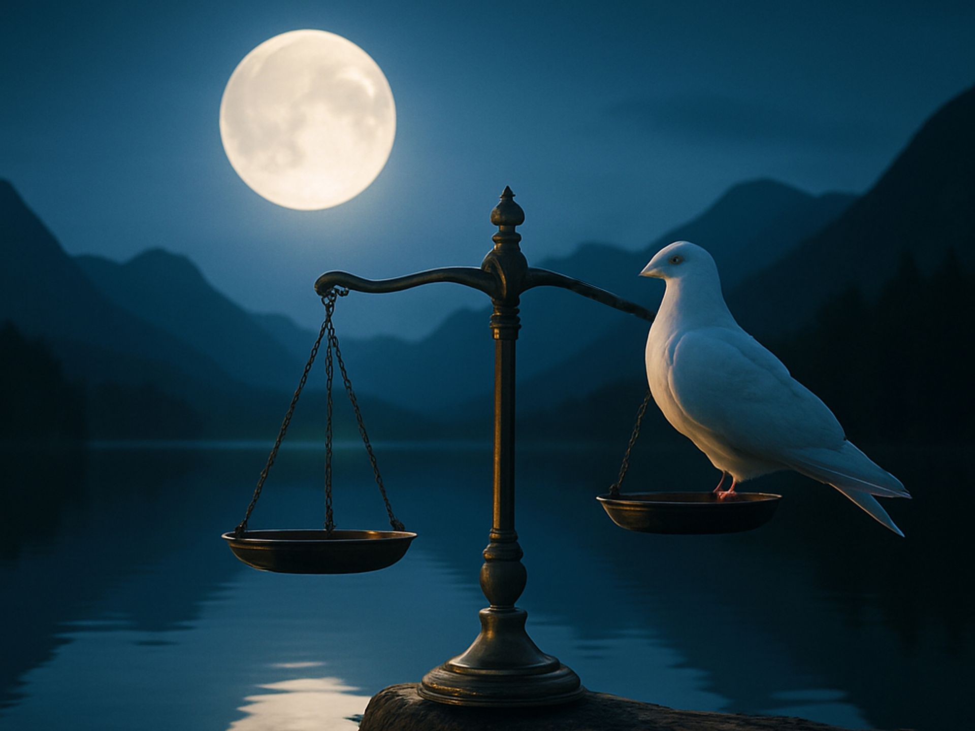 A scale with a white dove on one side, full moon and mountains in background over water.