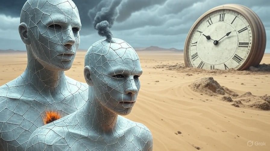 Two wire-mesh-skinned figures in a desert with a clock half-buried in sand; one figure emits smoke.