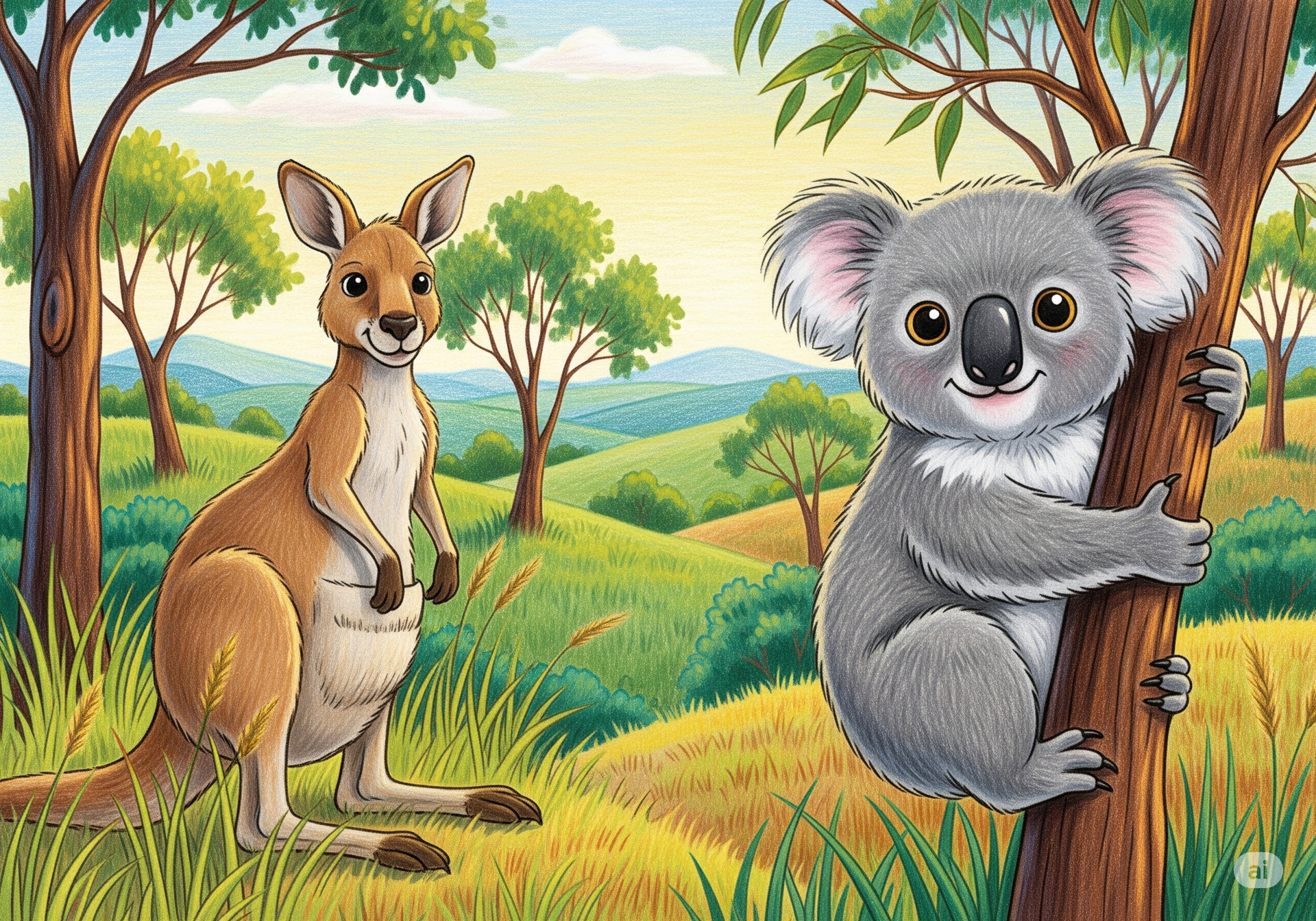 Kangaroo and koala in a sunny landscape with trees and rolling hills.