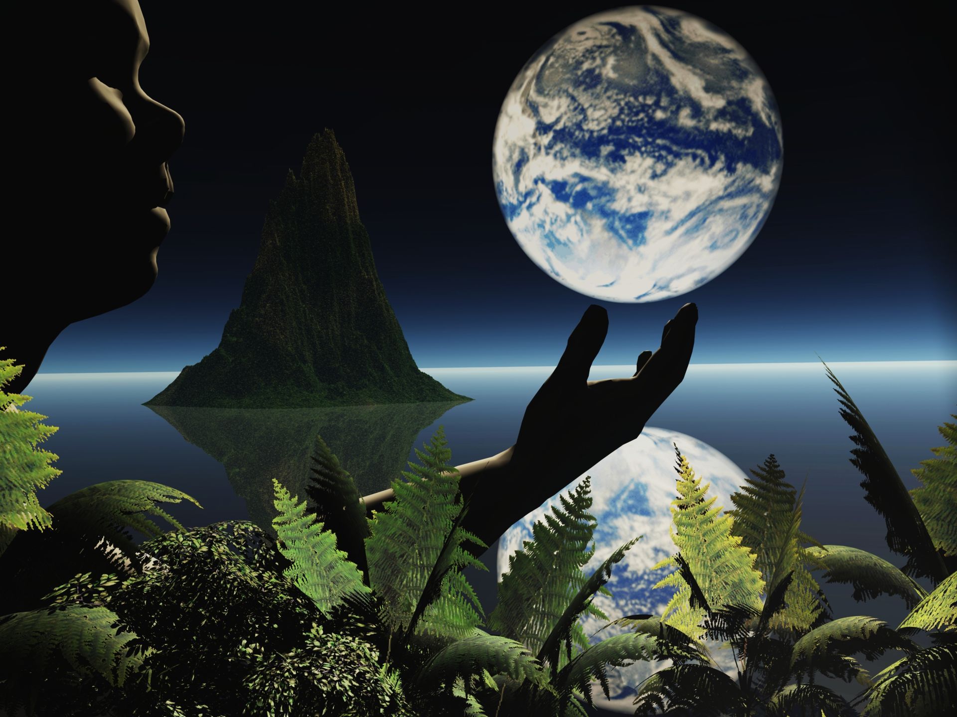 Silhouette hand holding Earth over tranquil water, with mountains and plants.
