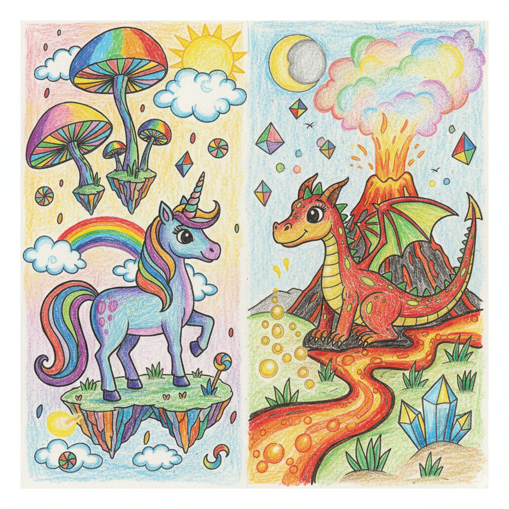 Two colorful fantasy scenes: unicorn and rainbow mushrooms; dragon and erupting rainbow volcano.