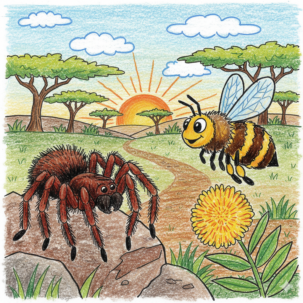 Spider and bee meet on a path in a savanna landscape. The sun rises over trees.